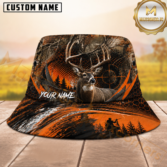 Maxcorners Whitetail Buck Hunting Orange Black Claw Marks Camo Personalized Name 3D Bucket Hat