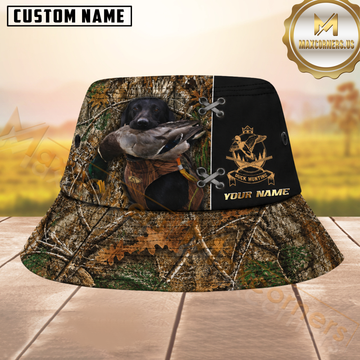 Maxcorners Hunting Dog and Mallard Hunting Real Tree Camo & Black Split with Duck Badge Personalized Name 3D Bucket Hat