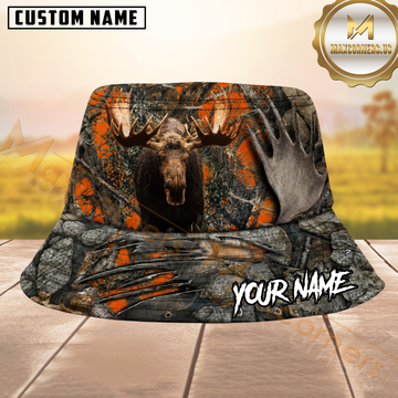 Maxcorners Moose Hunting Orange Camo Claw Marks Personalized Name 3D Bucket Hat