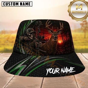 Maxcorners Deer Hunting Skeleton Bow Sunset Green Striped Personalized Name 3D Bucket Hat