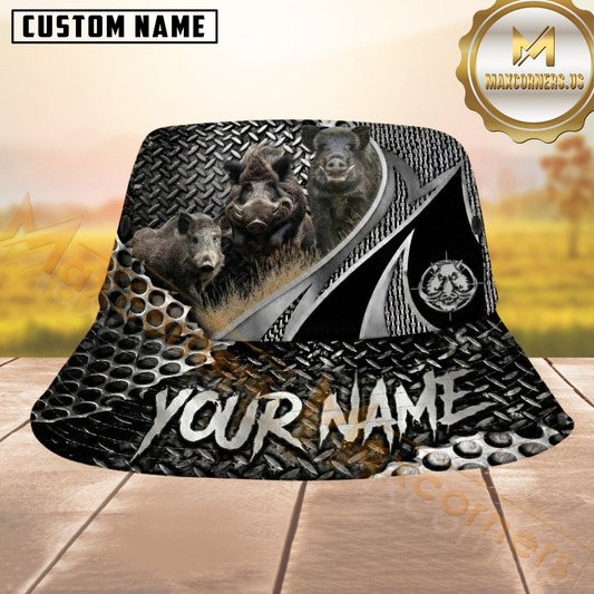 Maxcorners Boar Hunting Silver Black Diamond Plate Metal Personalized Name 3D Bucket Hat