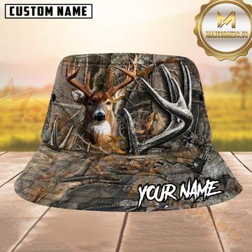 Maxcorners Deer Hunting Rustic Woodland Camo Antler Personalized Name 3D Bucket Hat