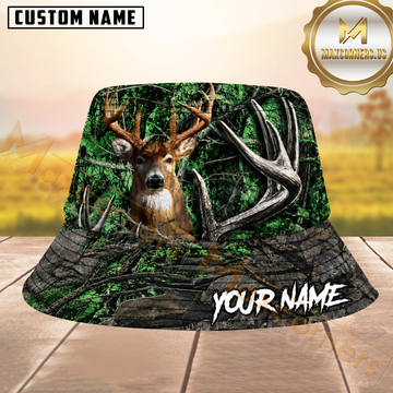 Maxcorners Whitetail Deer Hunting Green Woodland Camo Personalized Name 3D Bucket Hat