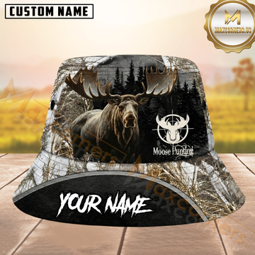 Maxcorners Moose Hunting Brown Woodland Camouflage Personalized Name 3D Bucket Hat