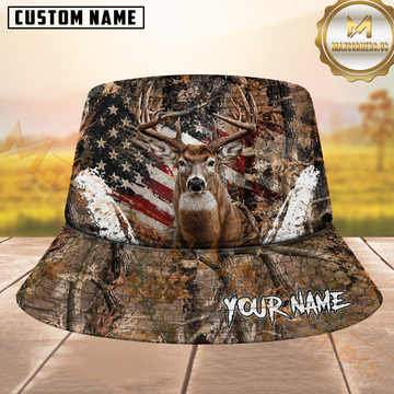 Maxcorners Whitetail Deer Hunting American Flag Christian Cross Woodland Camo Personalized Name 3D Bucket Hat