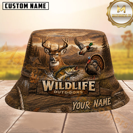 Maxcorners Wildlife Animals Hunting Brown Wooden Texture Personalized Name 3D Bucket Hat