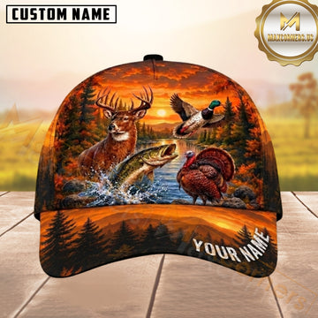 Maxcorners Hunting Orange Sunset Wildlife Forest Pattern Customized Name 3D Cap