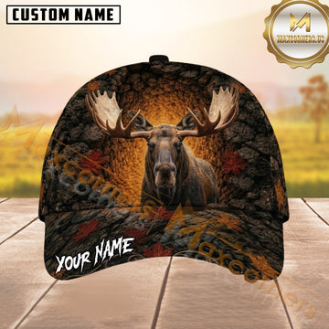 Maxcorners Hunting Black Brown Gray Moose Autumn Leaves Rocky Cave Customized Name 3D Cap