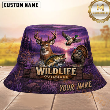 Maxcorners Wildlife Animals Hunting Purple Twilight Landscape Personalized Name 3D Bucket Hat