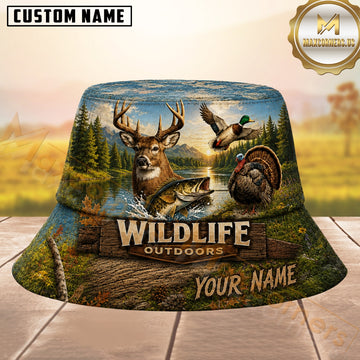 Maxcorners Wildlife Animals Hunting Spring Landscape Personalized Name 3D Bucket Hat