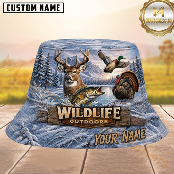 Maxcorners Wildlife Animals Hunting Winter Landscape Personalized Name 3D Bucket Hat