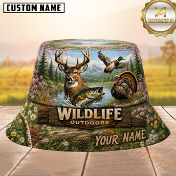 Maxcorners Wildlife Animals Hunting Fall Landscape Personalized Name 3D Bucket Hat