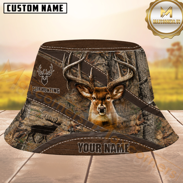 Maxcorners Buck Hunting Brown Camo Leather Stitching Personalized Name 3D Bucket Hat