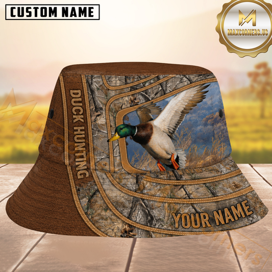 Maxcorners Duck Hunting Brown Leather Stitched Woodland Camo Personalized Name 3D Bucket Hat