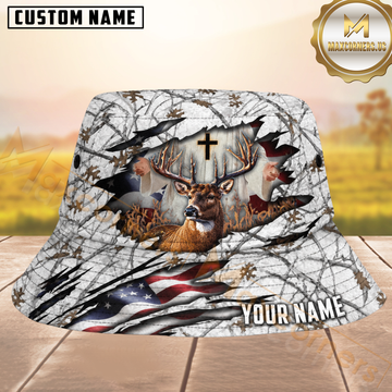Maxcorners Deer Hunting Winter Camo US Flag & Cross Rip-Design Personalized Name 3D Bucket Hat