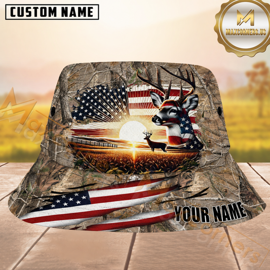 Maxcorners Deer Hunting Patriotic Tree Camouflage Ripped US Flag Personalized Name 3D Bucket Hat