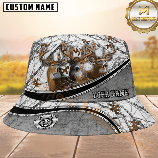 Maxcorners Deer Hunting Snow Camo and Grey Diagonal Personalized Name 3D Bucket Hat