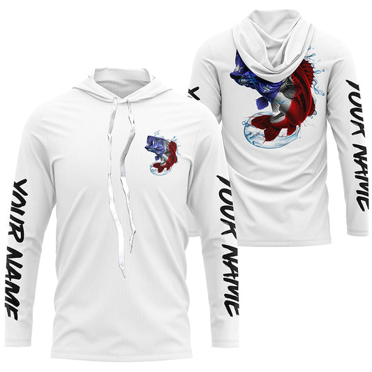 Maxcorners Bass Fishing American Flag Custom Long Sleeve Performance Shirts, Patriotic Bass Fishing Jerseys LM0201