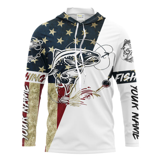 Maxcorners Trout Fish American Flag Custom UV Long Sleeve Fishing Shirts, Trout Fishing jerseys Patriotic Fishing apparel LM0501