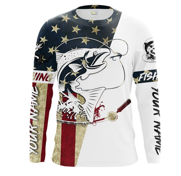 Maxcorners Salmon Fishing American Flag Custom UV Long Sleeve Fishing Shirts, Patriotic Fishing apparel LM0501