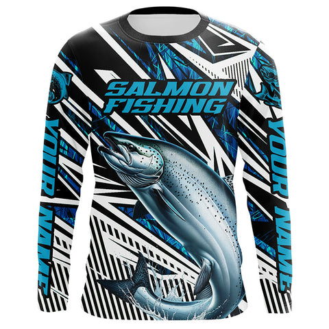Maxcorners Salmon Fishing Custom Long Sleeve Performance Fishing Shirts, Blue Camo Salmon Fishing Jerseys LM2408