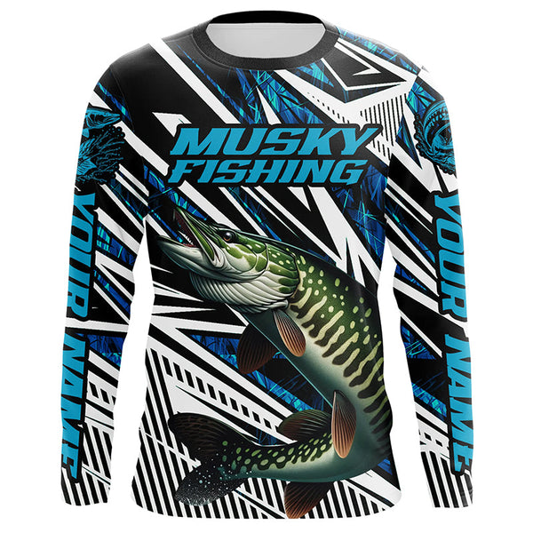 Maxcorners Musky Fishing Custom Long Sleeve Tournament Shirts, Blue Grass Camo Musky Fishing Jerseys LM2408