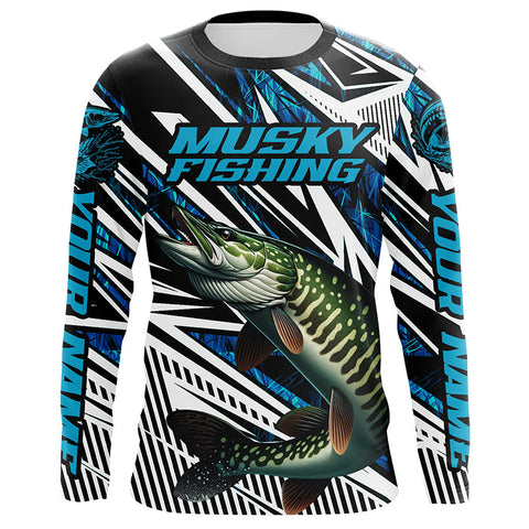 Maxcorners Musky Fishing Custom Long Sleeve Tournament Shirts, Blue Grass Camo Musky Fishing Jerseys LM2408