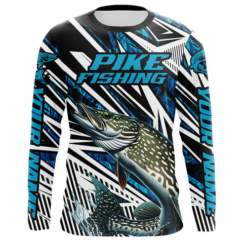 Maxcorners Pike Fishing Custom Long Sleeve Shirts, Blue Camo Pike Tournament Fishing Jerseys For Men And Women LM2408