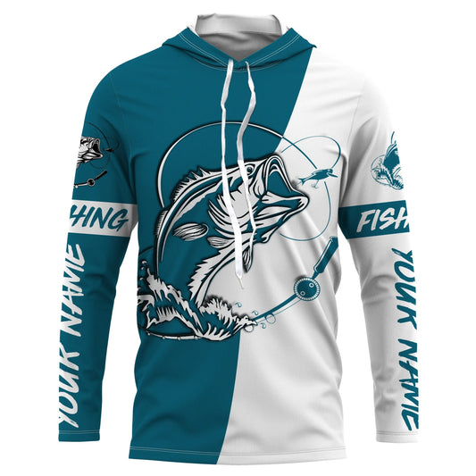 Maxcorners Personalized Bass Long sleeve Fishing Shirts, Bass Fall season Fishing Shirts | light navy blue LM0201