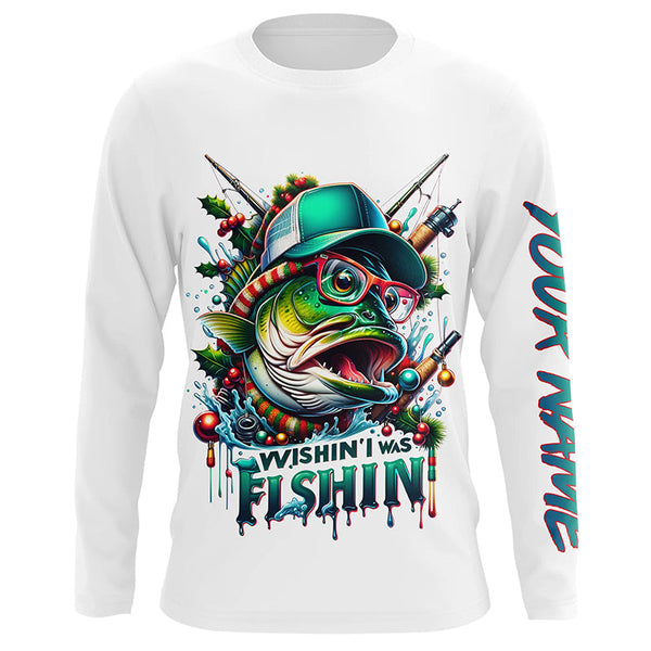 Maxcorners Wishin' I Was Fishin' Custom Funny Bass Christmas Fishing Shirts Bass Christmas Fishing Gifts LM2408