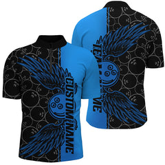 Maxcorners Black And Blue Custom Unisex Bowling Tournament Team Shirts, Bowling Ball And Wings Jerseys
