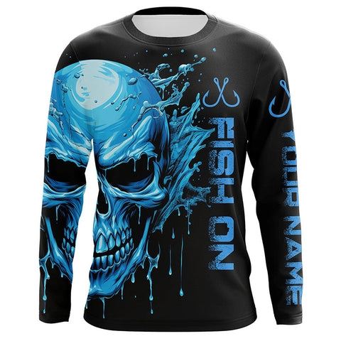 Maxcorners Fish On Fish Hook Custom Skull Long Sleeve Fishing Shirts, Skull Performance Fishing Jerseys LM2408