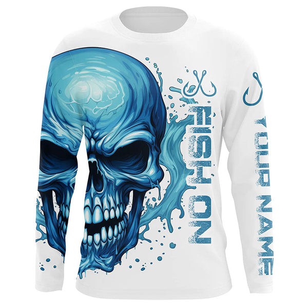 Maxcorners Fish On Fish Hook Custom Skull Long Sleeve Fishing Shirts, Skull Performance Fishing Jerseys 2 LM2408