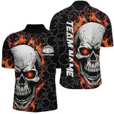 MaxCorners Bowling Ball And Pins Skull Flame Ball Pattern Customized Name, Team Name 3D Stand Collar Zipper Polo Shirt