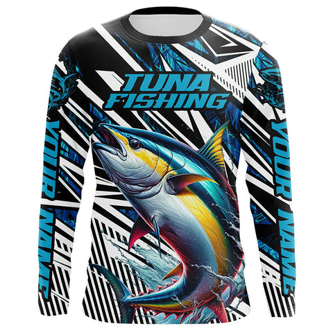 Maxcorners Custom Yellowfin Tuna Long Sleeve Tournament Fishing Shirts, Tuna Fishing Jerseys | Blue Camo 1 LM2408