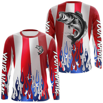 Maxcorners Custom 3D Flame American Flag Bass Long Sleeve Fishing Shirts, Patriotic Bass Fishing Jerseys LM0201