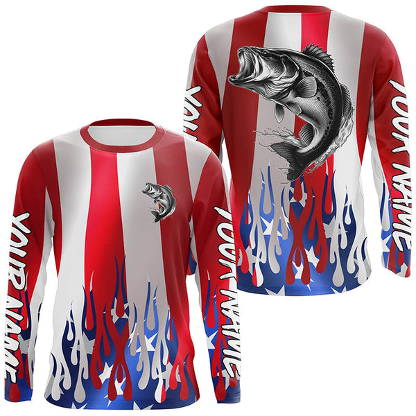 Maxcorners Custom 3D Flame American Flag Bass Long Sleeve Fishing Shirts, Patriotic Bass Fishing Jerseys  LM2408