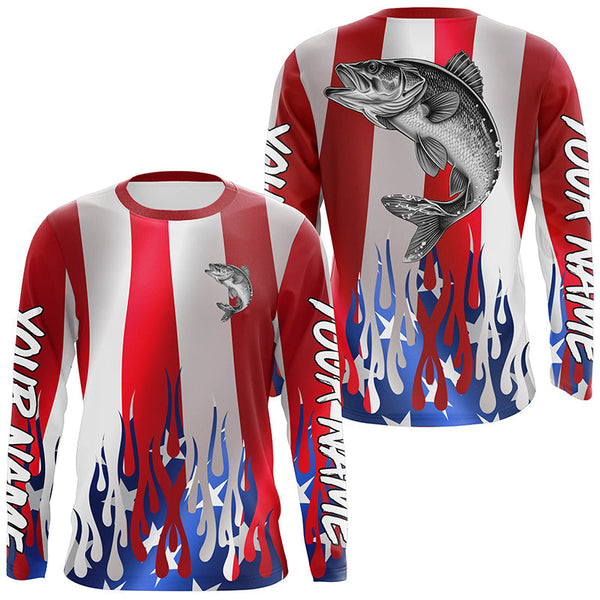 Maxcorners Custom 3D Flame American Flag Walleye Long Sleeve Fishing Shirts, Patriotic Walleye Fishing Jerseys LM2408