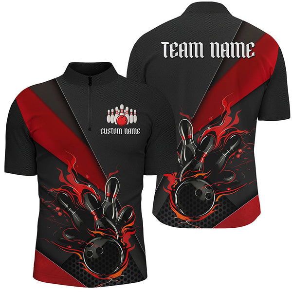 MaxCorners Bowling And Pins Black And Red Pattern Customized Name, Team Name 3D Stand Collar Zipper Polo Shirt For Men