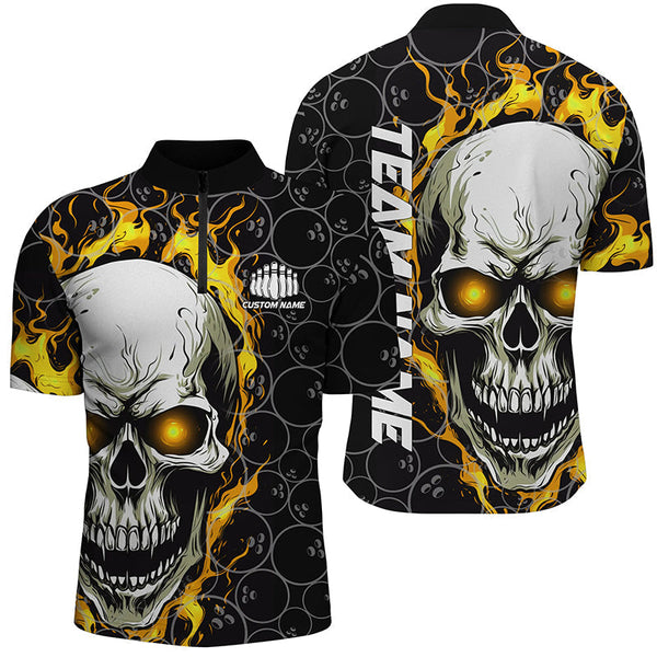 MaxCorners Bowling Ball And Pins Skull Flame Ball Pattern Customized Name, Team Name 3D Stand Collar Zipper Polo Shirt