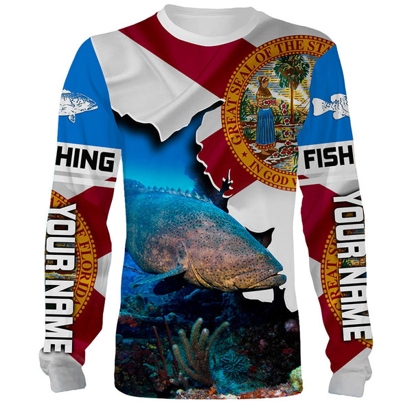 MaxCorners Goliath Grouper Fishing 3D Florida Flag Patriot Customized Name 3D Long Sleeve Shirt