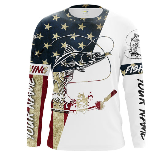 Maxcorners Snook Fishing American Flag Custom Long Sleeve Fishing Shirts, personalized Patriotic Fishing gifts LM0501