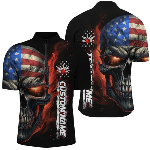 MaxCorners Bowling And Pin Flame Skull American Flag Customized Name 3D Stand Collar Zipper Polo Shirt Unisex