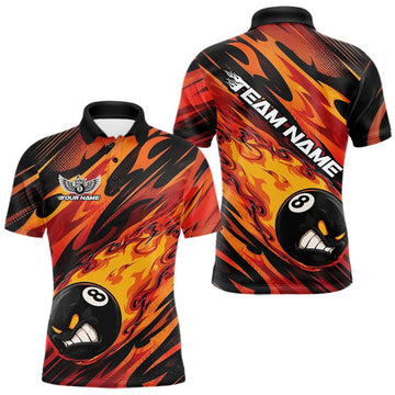 Maxcorners Custom Red Orange Billiards Jersey Featuring Angry Flame 8 Ball Pool Men Polo Shirt