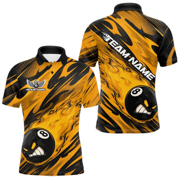 Maxcorners Custom Yellow Billiards Jersey Featuring Angry Flame 8 Ball Pool Men Polo Shirt