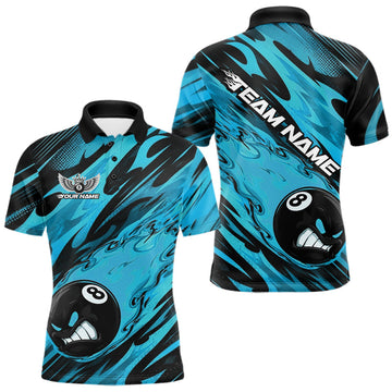 Maxcorners Custom Blue Billiards Jersey Featuring Angry Flame 8 Ball Pool Men Polo Shirt