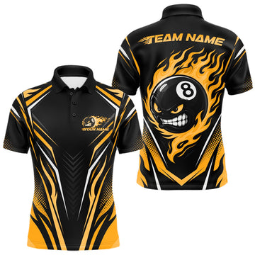 Maxcorners Custom Black And Yellow Flame Angry 8 Ball Billiards Jerseys Polo Shirt For Men