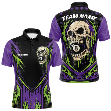 Maxcorners Custom Green And Purple Dripping Skull 8 Ball Halloween Billiards Men Polo Shirt