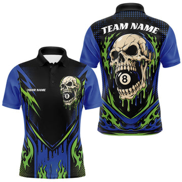 Maxcorners Custom Blue And Green Dripping Skull 8 Ball Halloween Billiards Men Polo Shirt