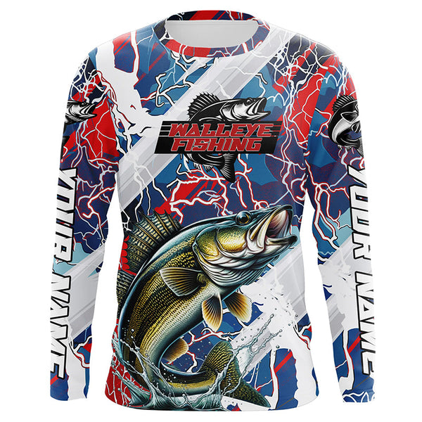 Maxcorners Red, White And Blue Lightning Camo Custom Walleye Long Sleeve Tournament Fishing Shirts LM2408